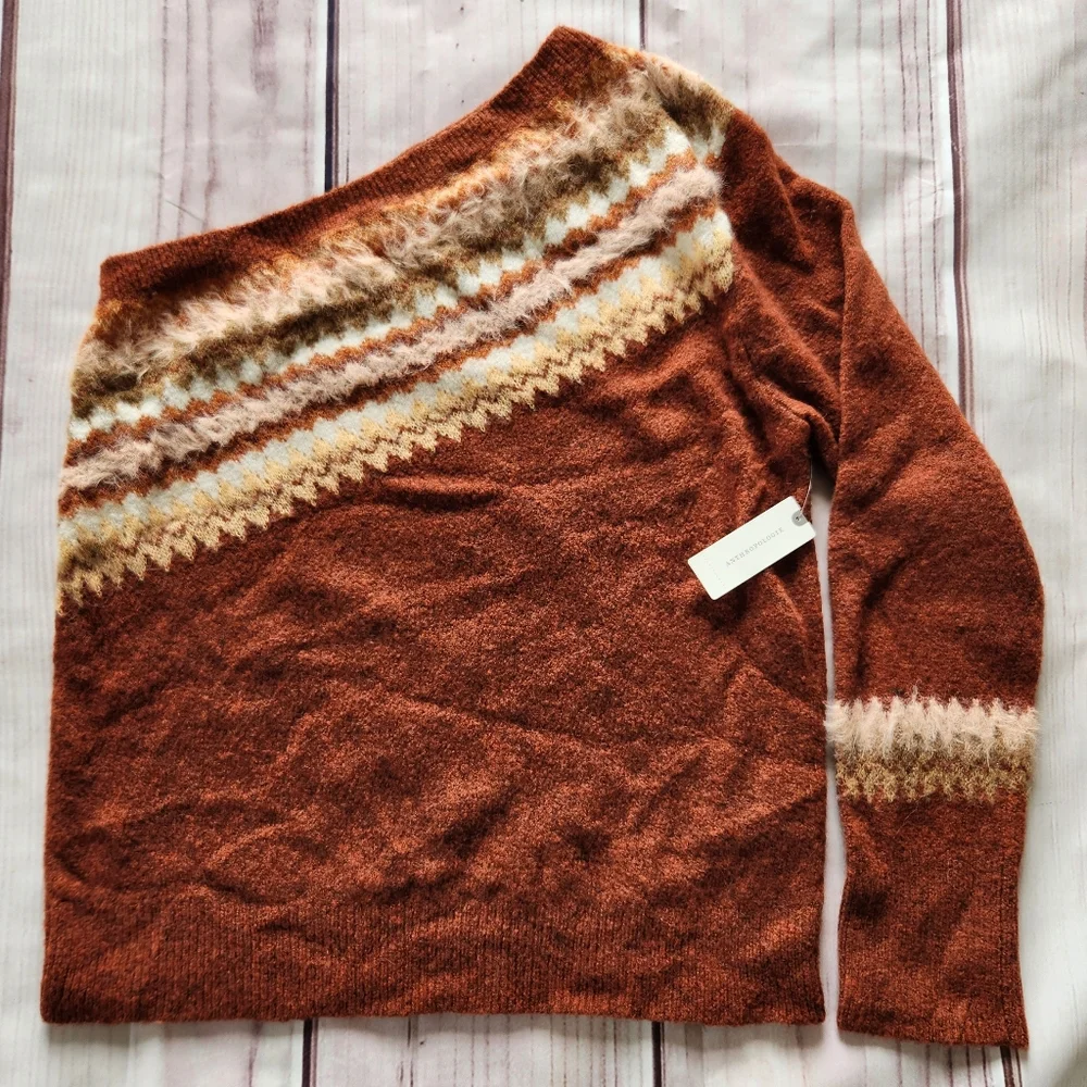 NWT Anthropologie "Vittoria Fair Isle" One Shoulder Sweater Wool Alpaca Blend XL - Picture 4 of 12